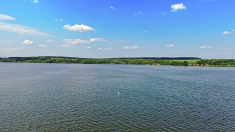 panoramic view of beautiful river. blue water on green nature background in bright daytime. flight over the river. aerial view.