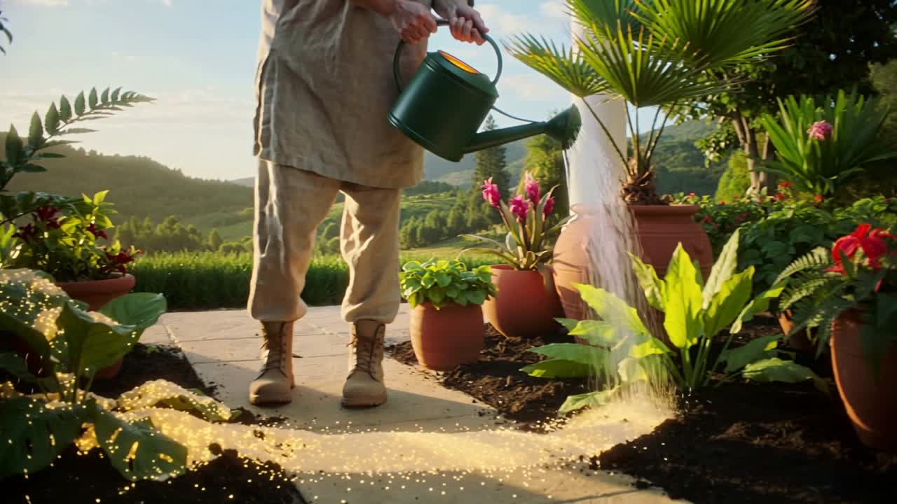 Giardiniere uomo in tenuta da lavoro color cachi che annaffia vasi sul patio da un innaffiatoio verde, curando le piante.