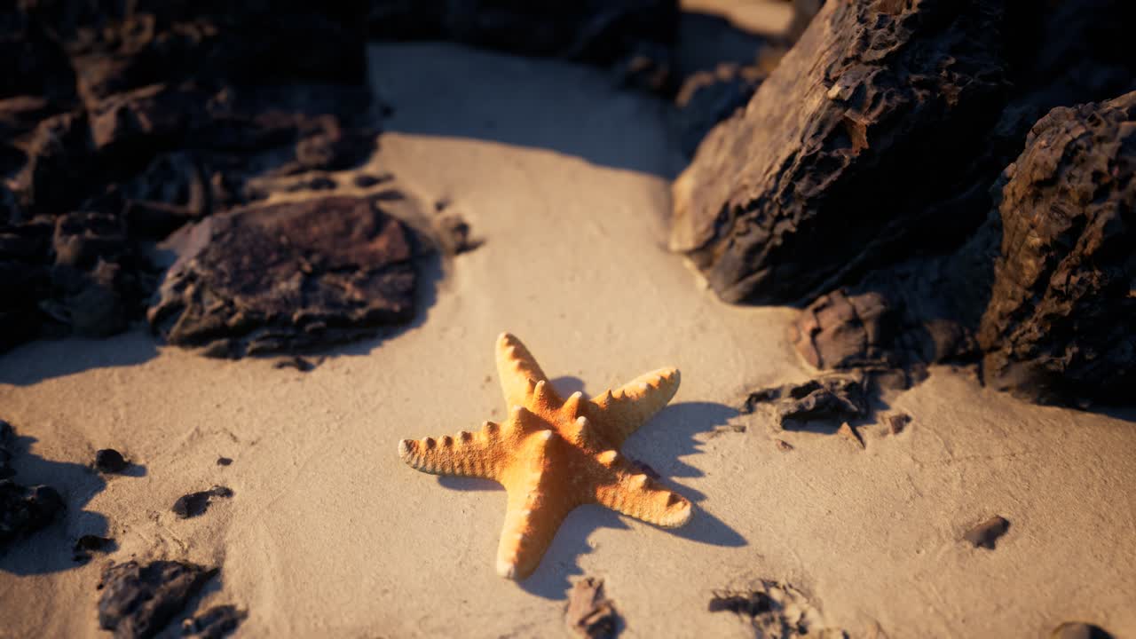 Starfish on sandy beach at sunset
