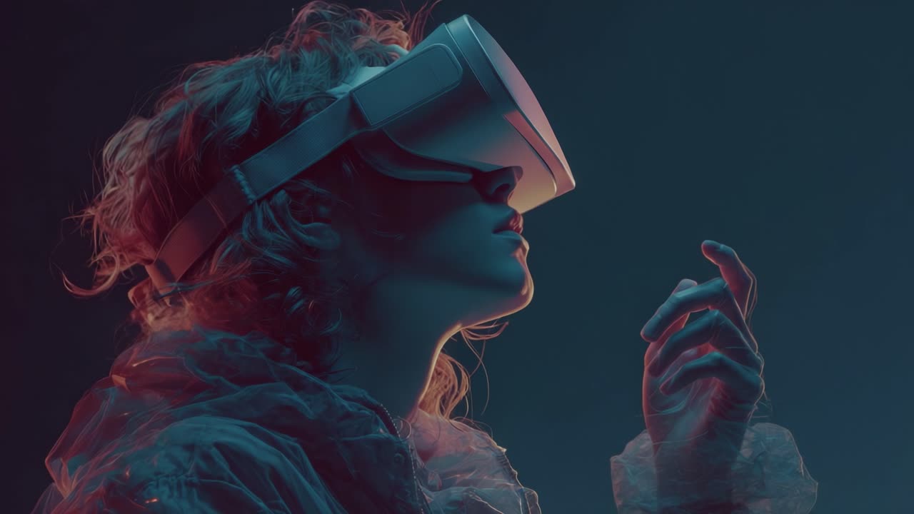 Una donna che sperimenta la realtà virtuale con un visore: immersa in un mondo futuristico di oscurità colorata, catturando l'essenza della tecnologia moderna e dell'immaginazione.