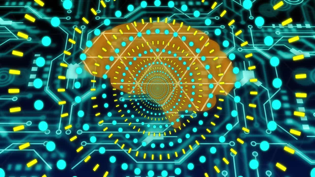 Animation of scopes, human brain and data processing over circuit board