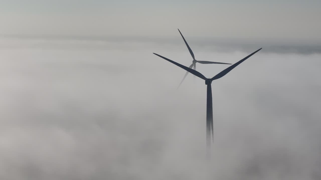 이른 아침 낮 휴식 기간 에 안개 가 인 땅 안개 가 풍차 를 둘러싸고 있다