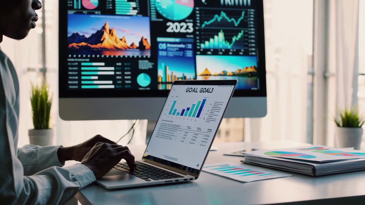 Business Person Analyzing Data on Laptop and Desktop Monitor