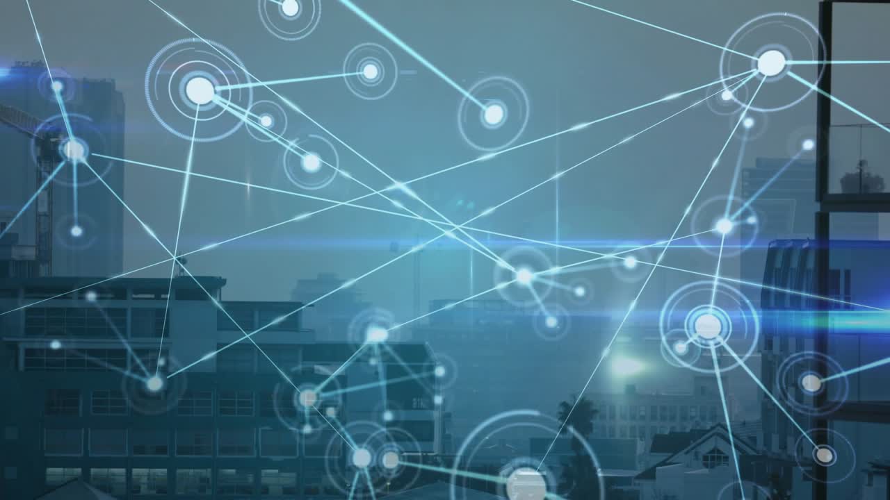 Blue HUD growing over skyline, lines extending, left beam linking causing nodes forming for mapping