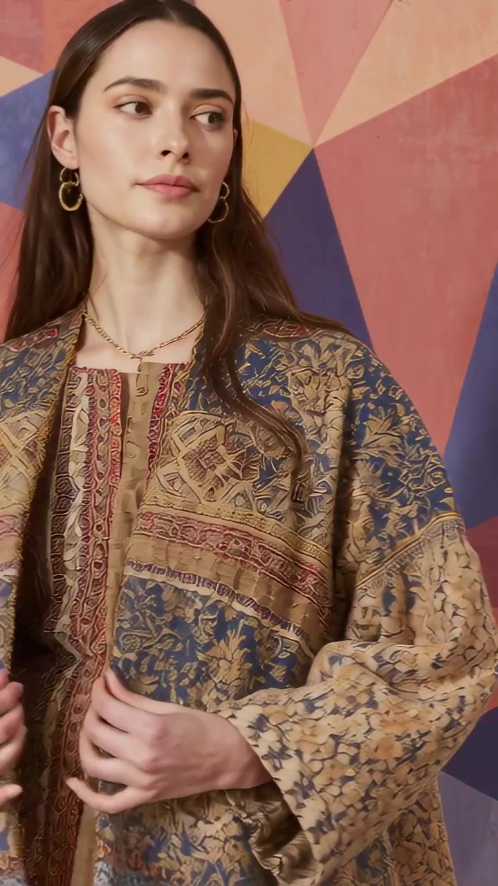 Video verticale: Una mano entra e gira un modello, tirando un cappotto a fantasia in studio e mostrando finiture e cerchi.