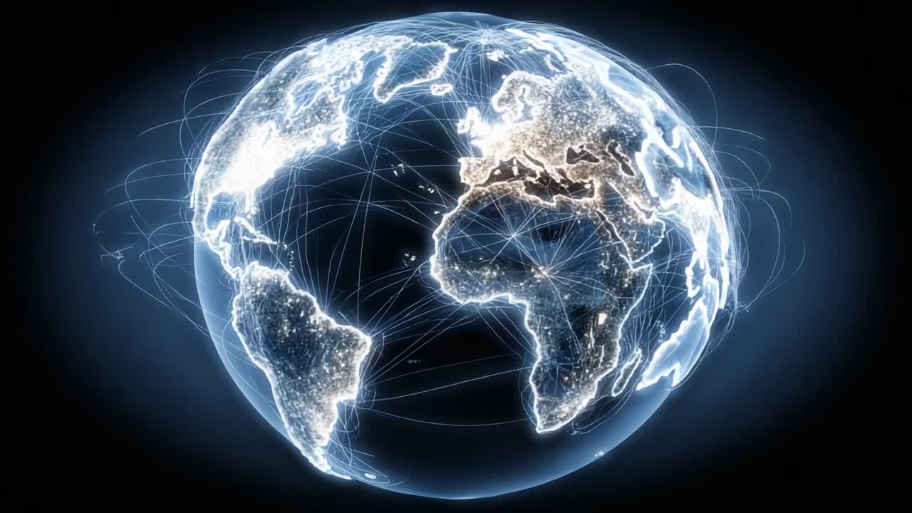 Rappresentazione Visiva di una Rete Globale che Collega i Continenti, Raffigurante Regioni Illuminate e Flusso di Dati in una Splendida Visualizzazione della Terra