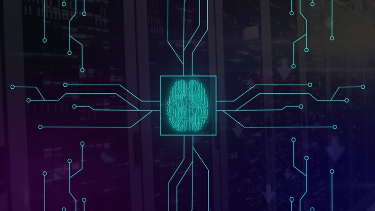 Animation of neon network of connections with digital brain over server room