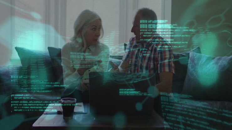 Animation af databehandling over ældre kaukasisk par, der bruger bærbar computer