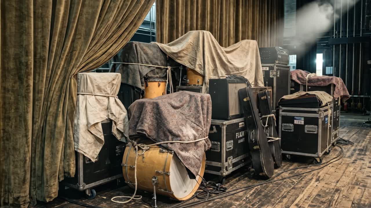 Overdækkede musikinstrumenter og udstyr på en tom scene
