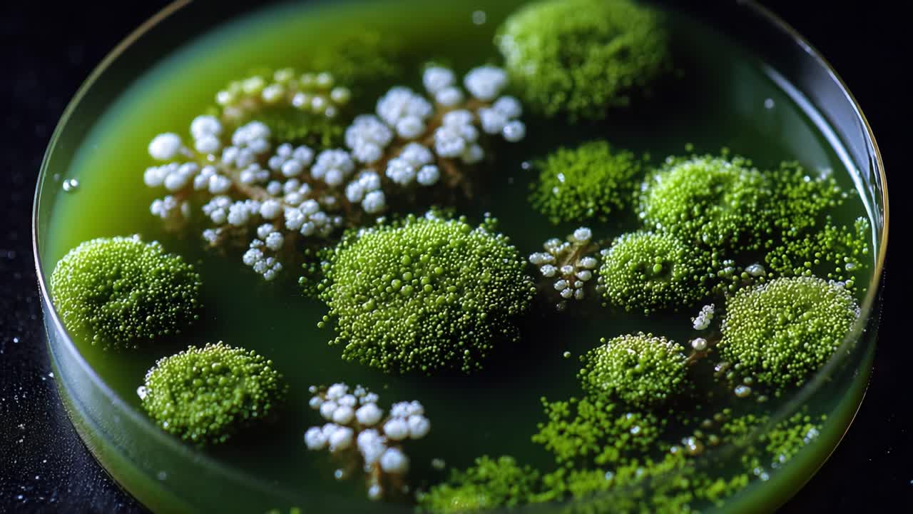 Un primo piano dei pattern di crescita biologica in una piastra di Petri, che mostra varie colture microbiche e i loro vivaci colori verdi