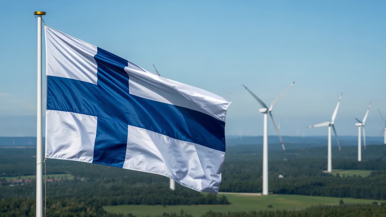 Vajende finsk flag på stang med spir, der reagerer på den stigende brise ved landlig kyst med turbiner
