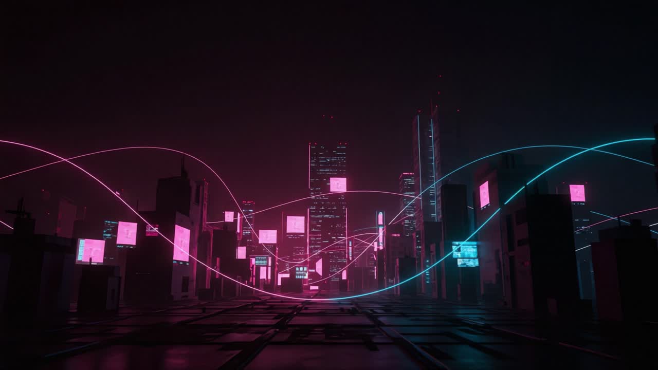 A Futuristic Cityscape Illuminated by Vibrant Neon Lights Featuring Dynamic Streams of Colorful Digital Waves Connecting Modern Skyscrapers in a Dystopian Atmosphere