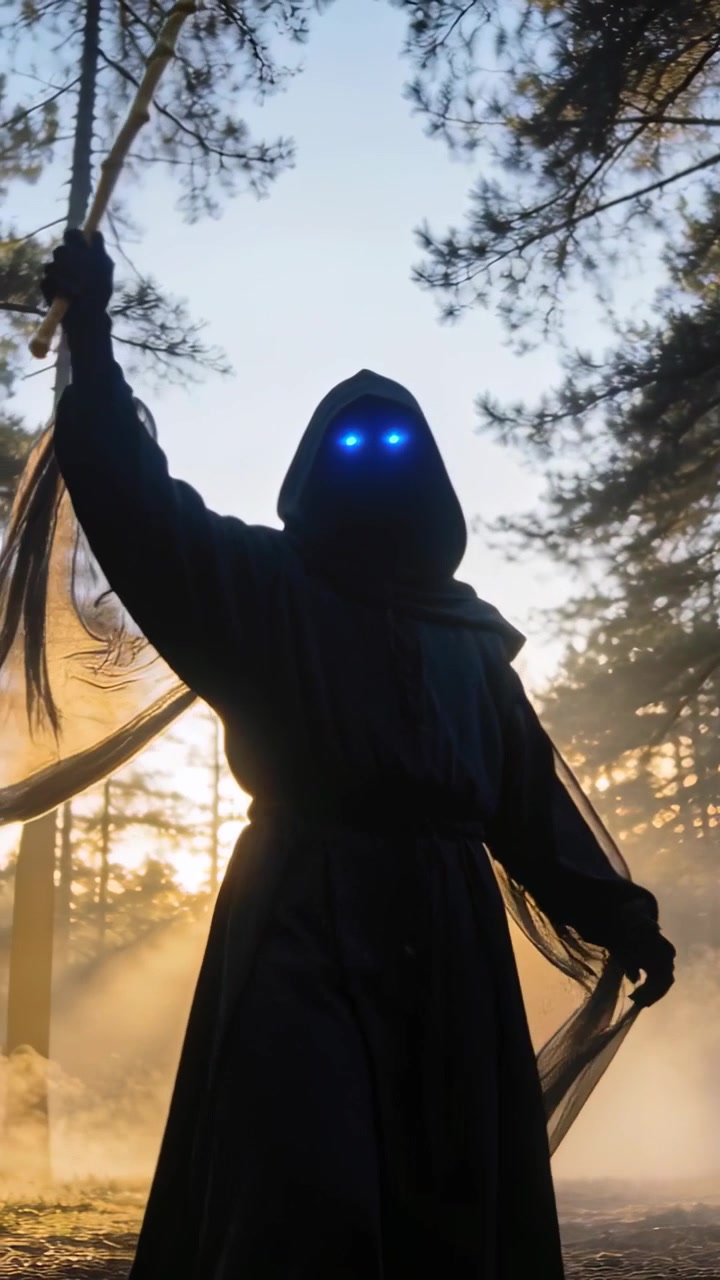 Vídeo vertical: Sol iluminando por trás figura encapuzada levantando cajado em clareira de pinheiros, mostrando LEDs azuis