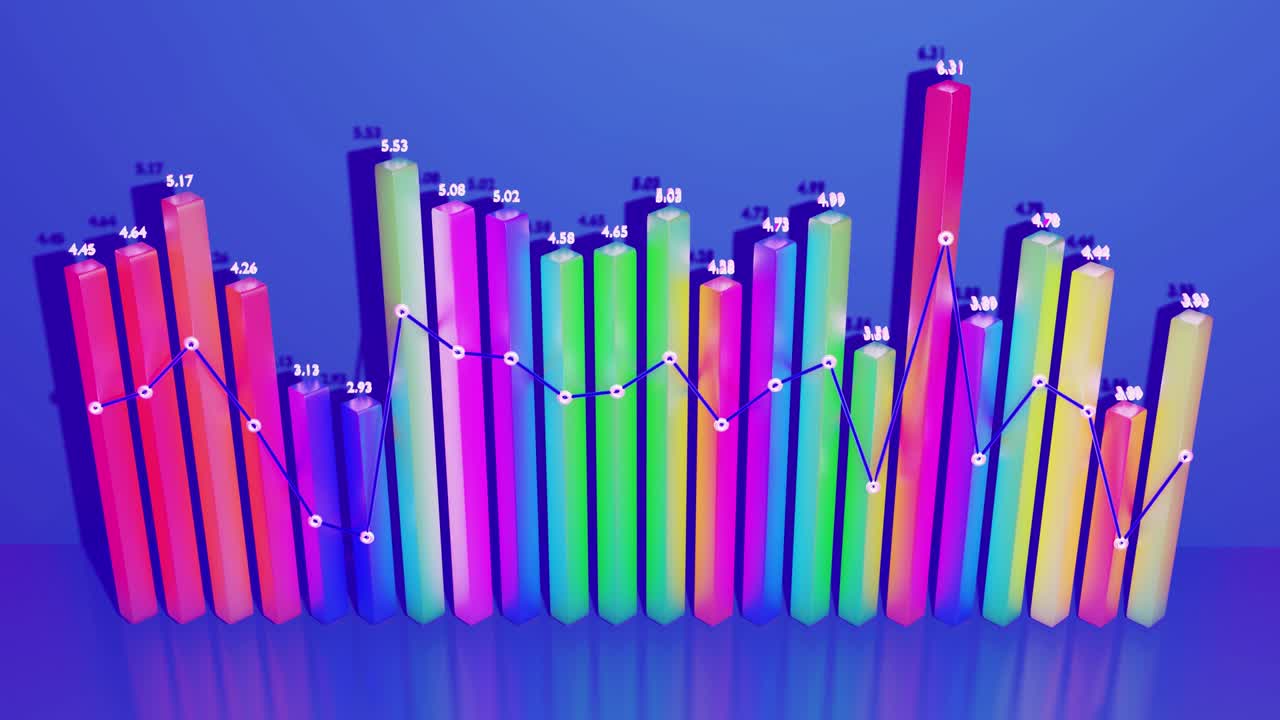 hermoso fondo en bucle 3d para programas analíticos con infografías abstractas, datos estadísticos. barras multicolores, contadores y gráficos. columnas 3d se mueven suavemente arriba y abajo en bucle. bg financiero