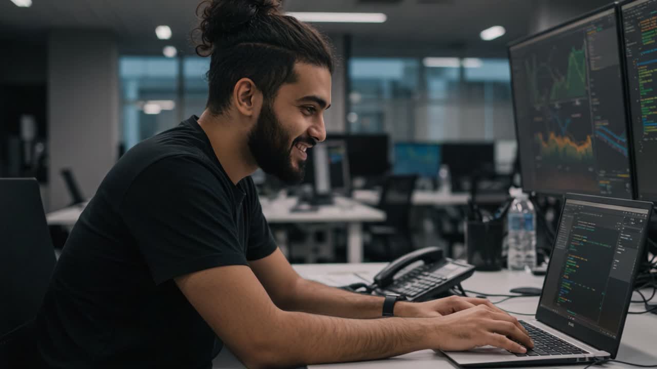 Engaged Programmer in Modern Office Setting, Analyzing Data on Dual Monitors while Working on Innovative Software Development