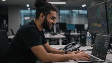 engaged programmer in modern office setting, analyzing data on dual monitors while working on innovative software development