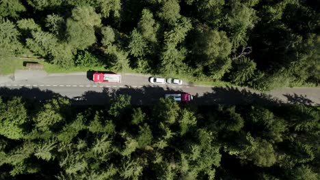 vista de pájaro de un camión de bomberos conduciendo en el bosque