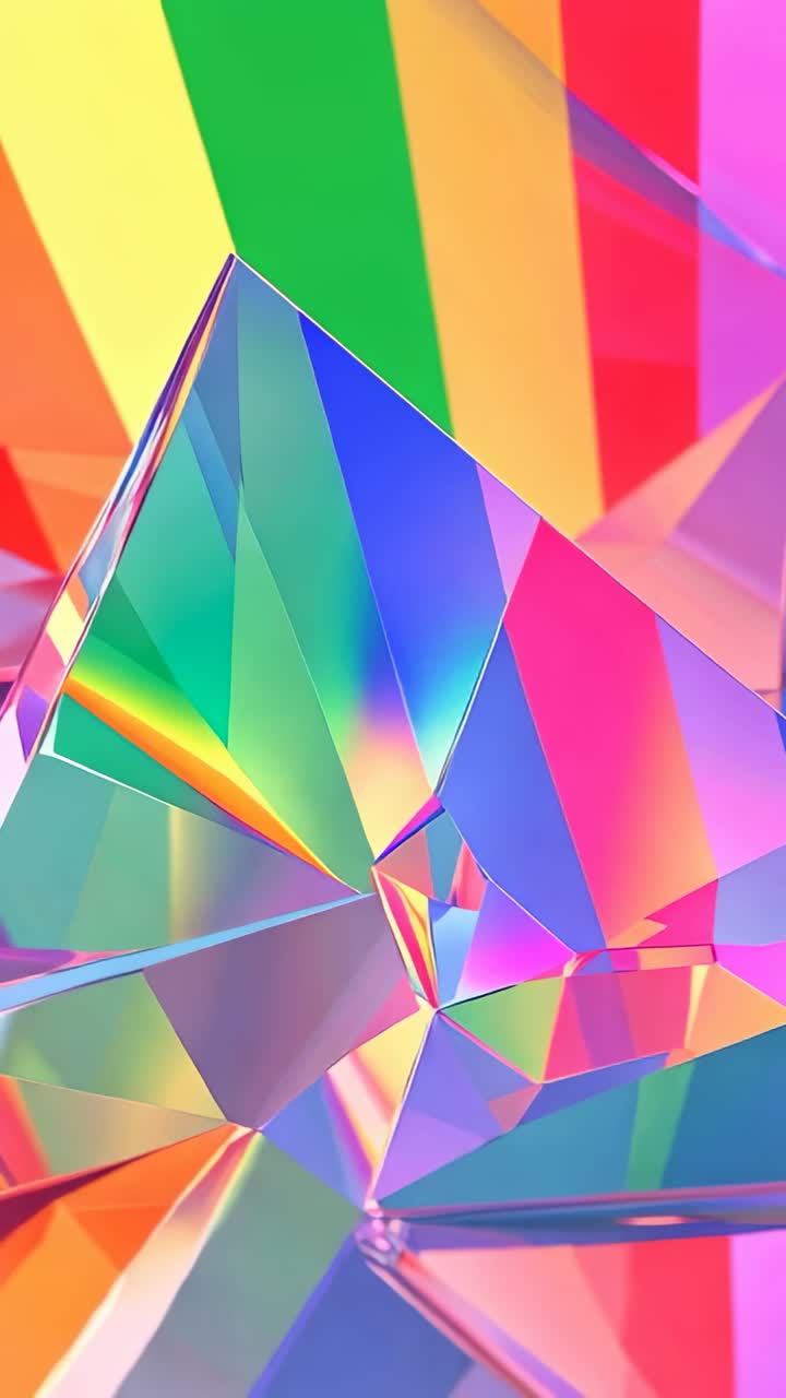 Vertical video: Crystal rotating in VR space revealing shifting rainbow stripes after camera focus