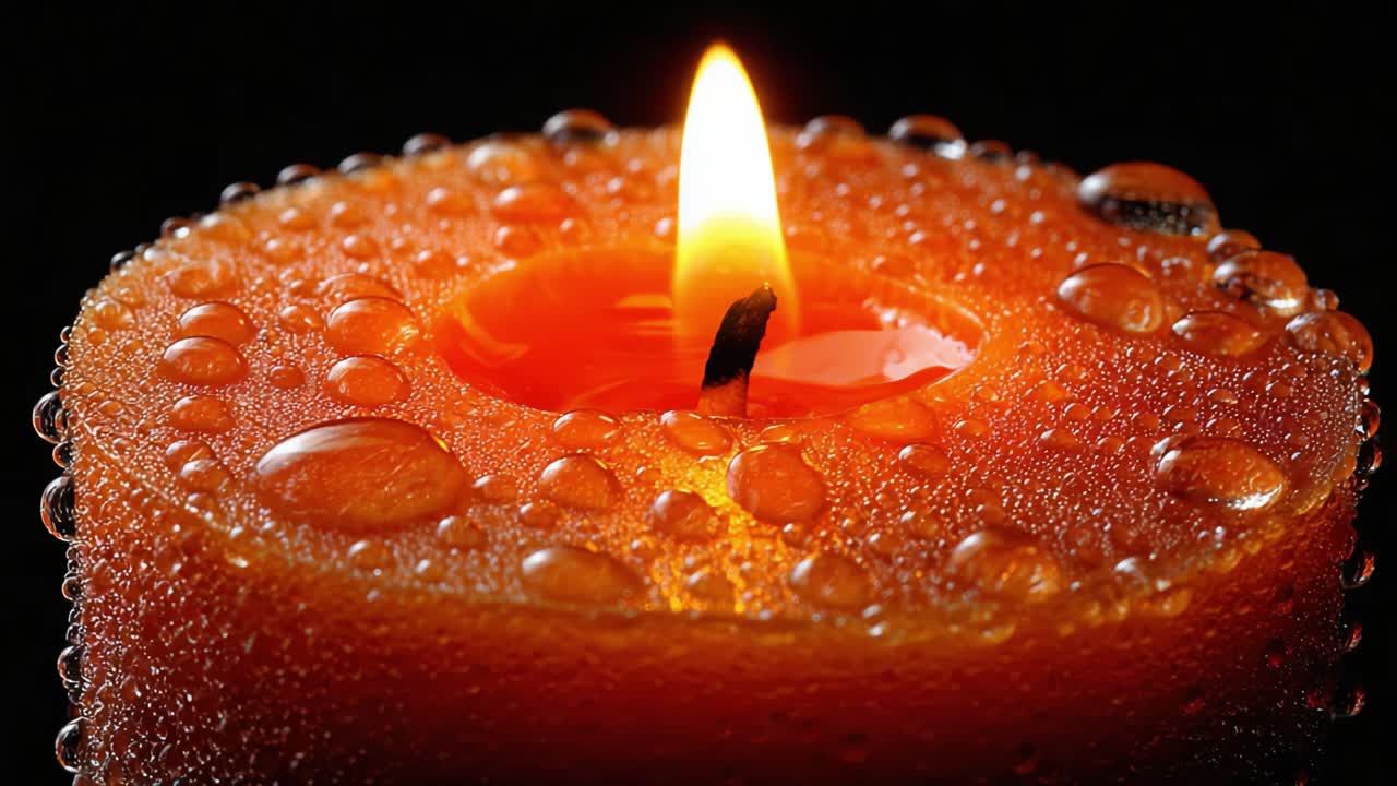 Una candela arancione luminosa circondata da goccioline: catturare il calore e la serenità della luce delle candele in primo piano con un'aura di tranquillità