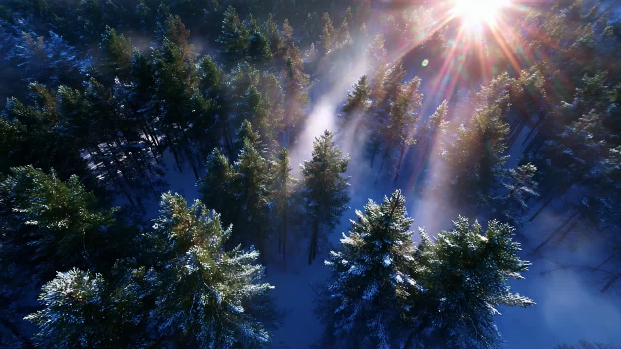 A Mesmerizing View of a Snow-Covered Forest Under the Radiant Sunlight, Showcasing Dense Pine Trees Bathed in a Soft Glow with Mist Gently Rising, Creating an Enchanting Winter Landscape