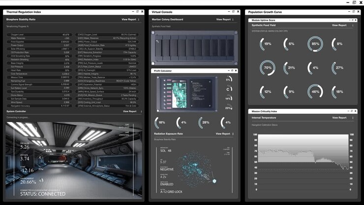 Spacecraft digital dashboard displaying mars colony management graphs