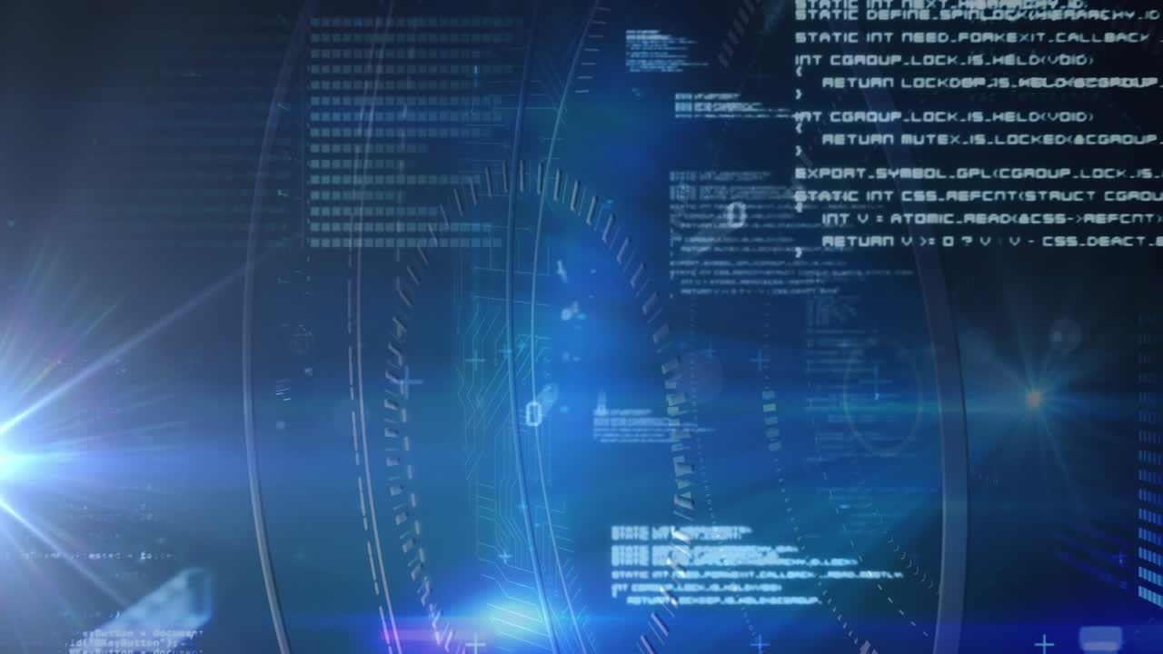 Animation of data processing and scopes scanning over glowing light on blue background
