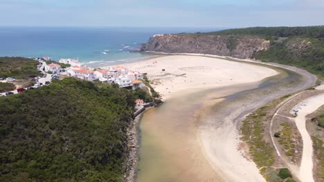 Odeceixe-Beach,-West-Coast-Algarve,-Portugal---Aerial-Drone-View-of-the-Lagoon-and-Wide-Sandy-Beach