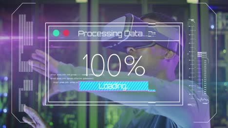 Animación-Del-Procesamiento-De-Datos,-Ingeniero-De-TI-Afroamericano-En-Gafas-Vr-Y-Servidores-Informáticos