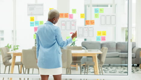 Business woman, thinking or writing on sticky