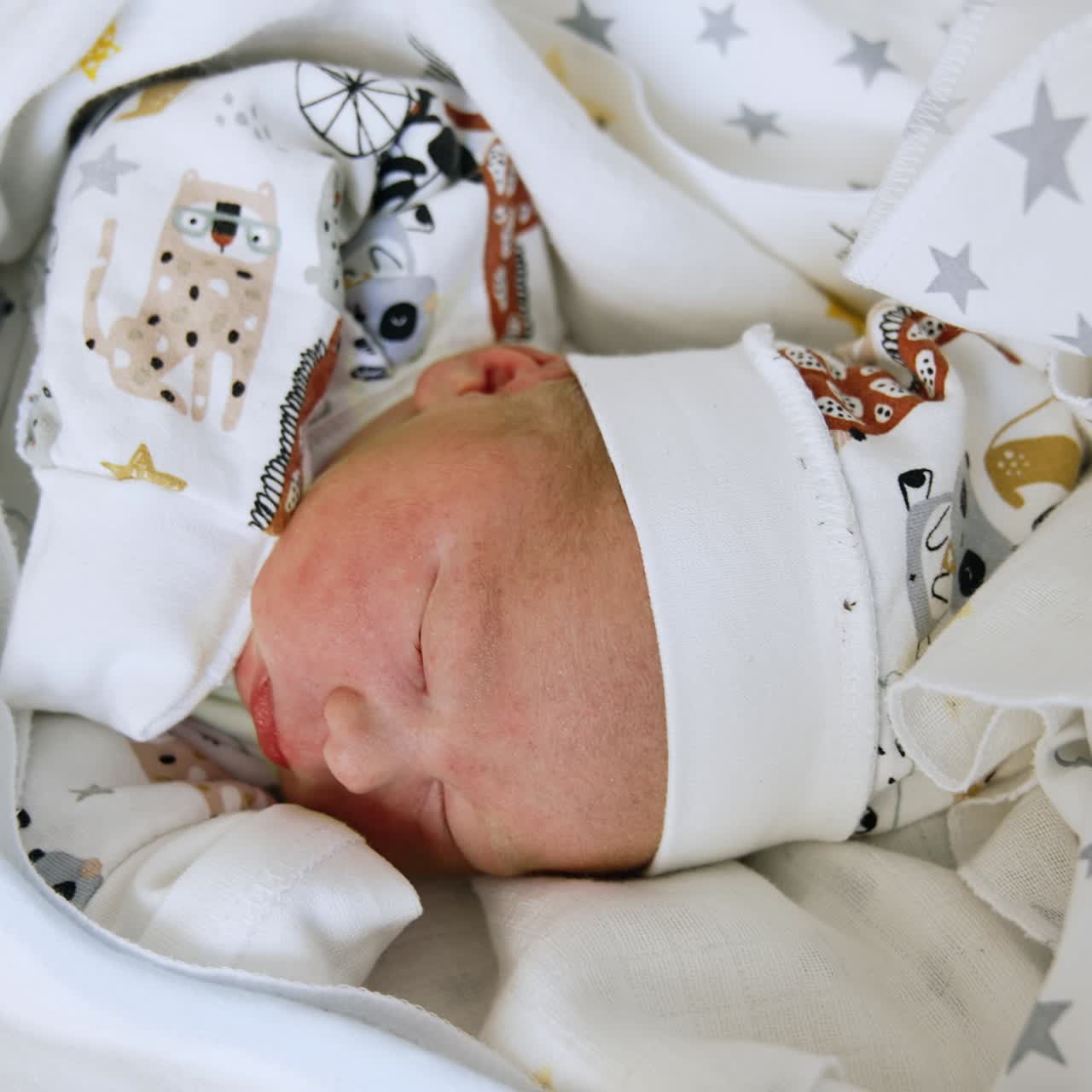 Adorable sleeping Caucasian child in a cap and mittens covered in blanket. Close up