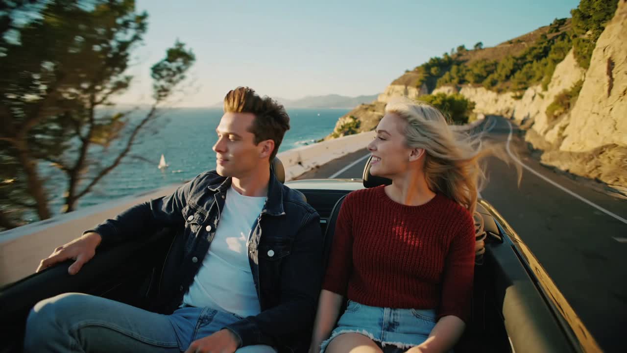 Driving convertible carrying couple smiling and admiring coastal view, wind lifting woman's hair
