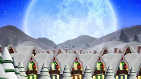 animation of snow falling over houses covered in snow decorated with christmas fairy lights and moon