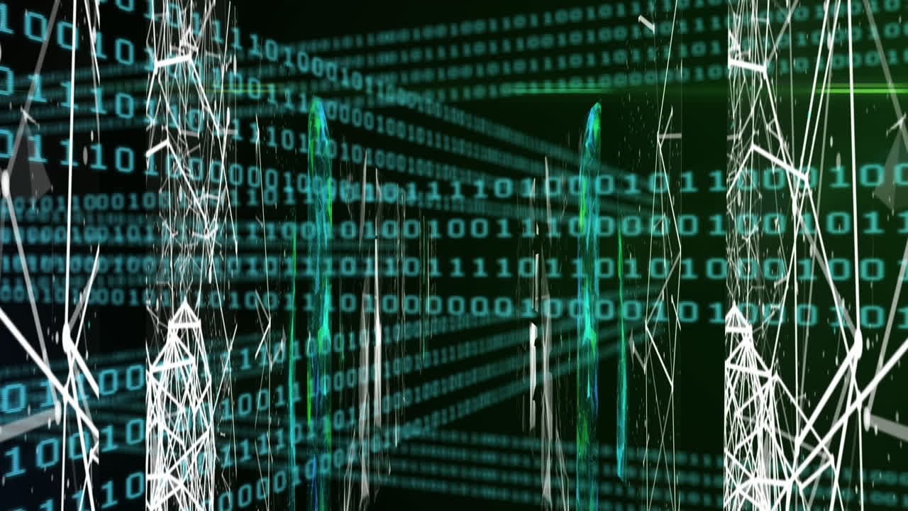 Animation of shapes and data processing over black background