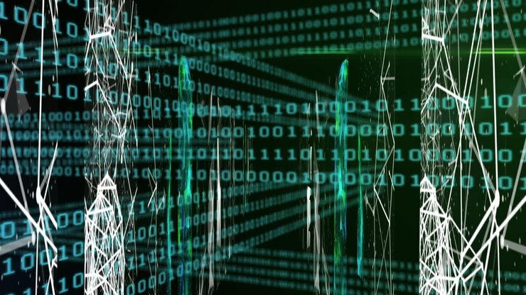 Animation of shapes and data processing over black background
