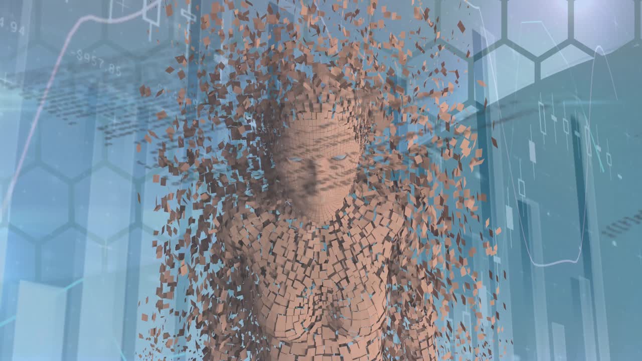 파란색 배경에 대한 인체 모델에 대한 통계 데이터 처리 애니메이션