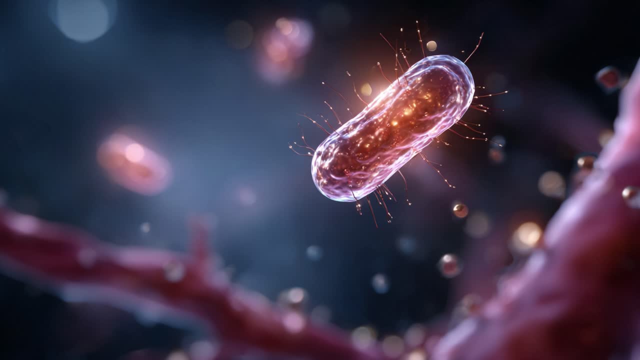A Vivid Representation of Microbial Life: Capturing the Intricacies of a Bacterium Amidst Enigmatic Structures in a Breathtaking Scientific Visualization