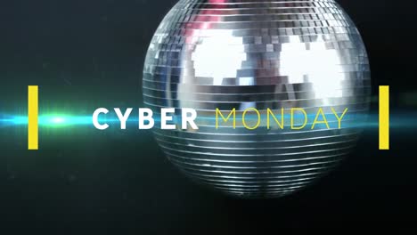 Animación-Del-Texto-Del-Cyber-Monday-Sobre-Una-Bola-De-Discoteca-Giratoria-Iluminada.