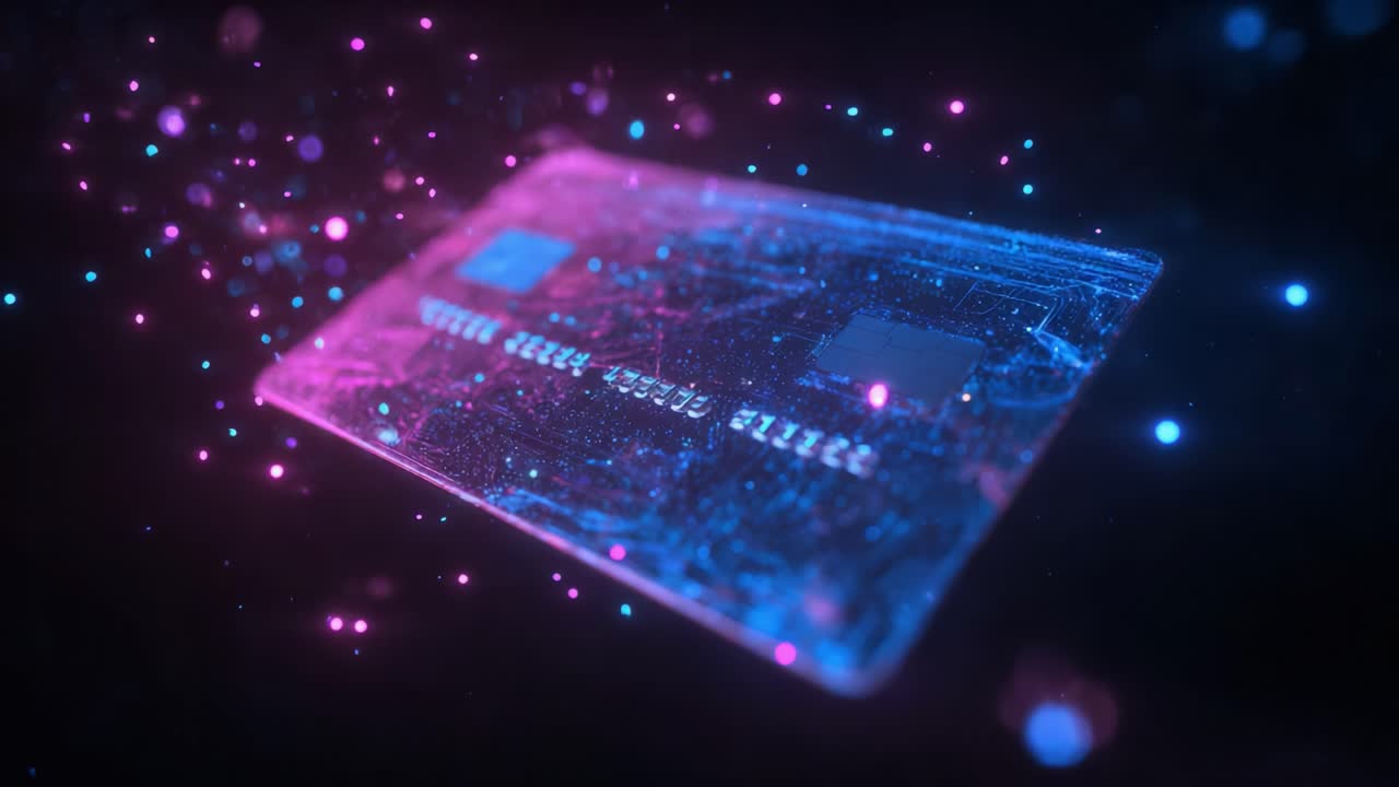 A futuristic digital representation of a credit card, illuminated with vibrant blue and pink lights, showcasing technological innovation and the fusion of finance and technology