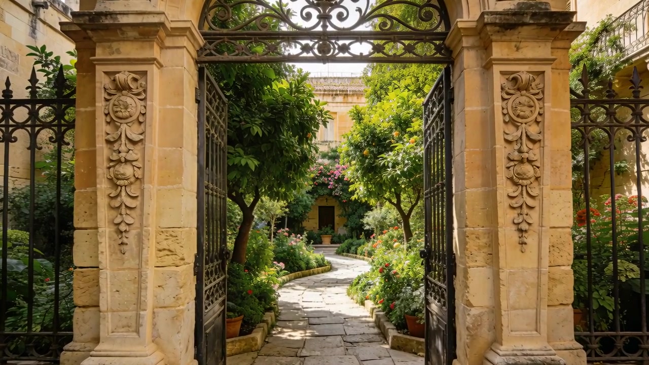 Gliding camera passing ornate archway and ajar iron gates into courtyard, revealing winding path