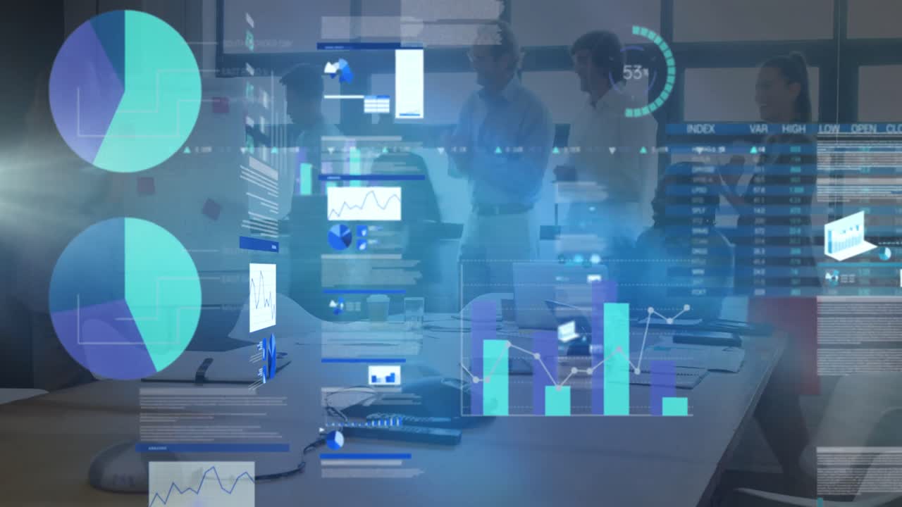 Animation af statistik og databehandling over folk, der arbejder på kontor