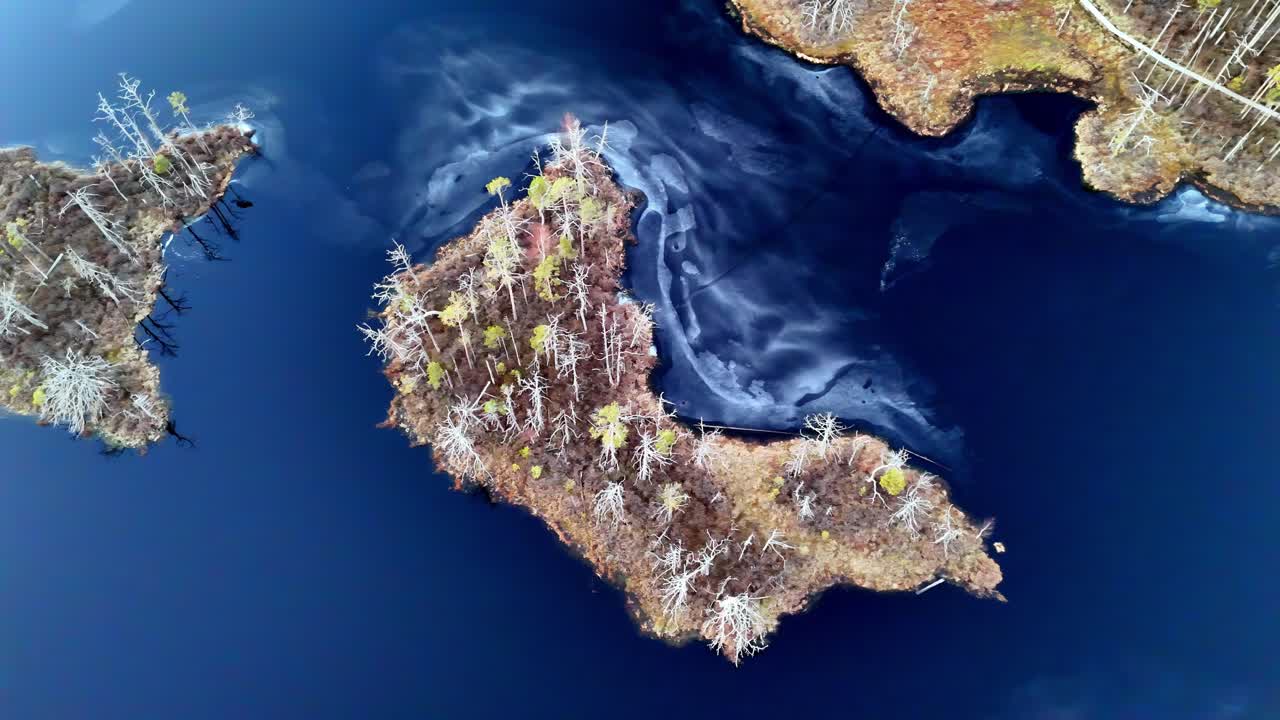 중간에 작은 섬이 있는 파란 물체