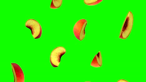 pieces of peach falling on green screen, seamless loop, cg