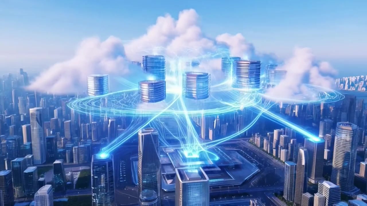 Paesaggio urbano futuristico con data center galleggianti e connessioni di rete digitali