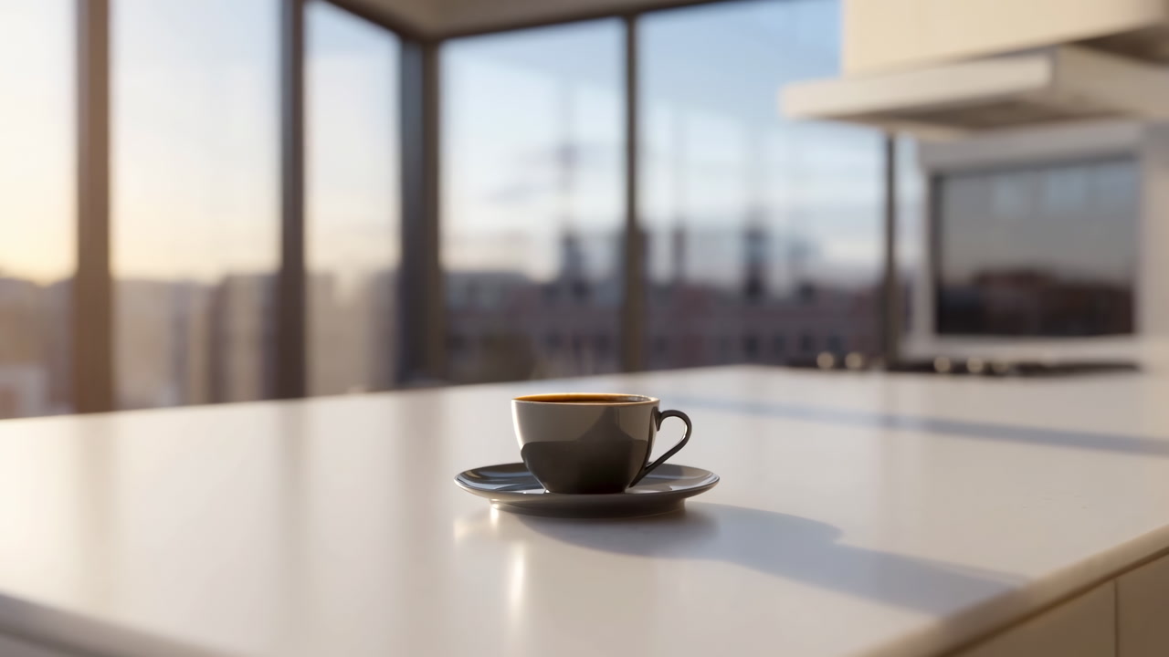 Coffee Cup On Glossy Countertop Sunrise Warm Light Through Floortoceiling Windows, Modern Kitchen Island