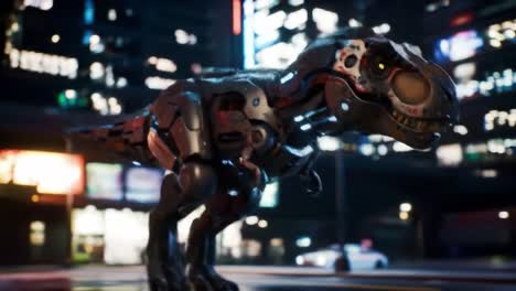 A robotic dinosaur designed with metallic features explores a bustling cityscape at night. Neon signs illuminate the surroundings as it moves through the streets.
