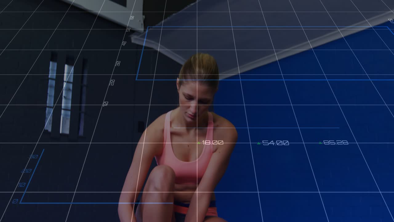 Woman leaning tying pink laces on mat, blue HUD showing fitness charts guiding warmup stepping