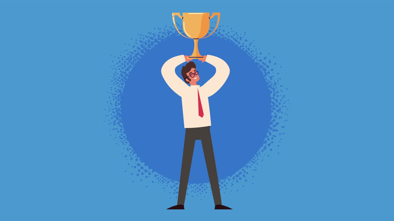 트로피 애니메이션을 가진 우아한 사업가 캐릭터