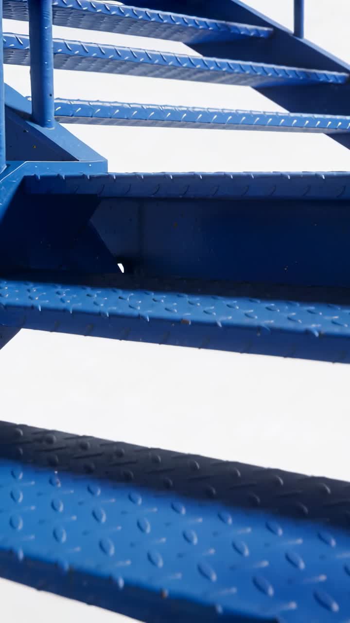 Vertical video: Tilting camera revealing blue staircase outside, exposing diamond treads for detail