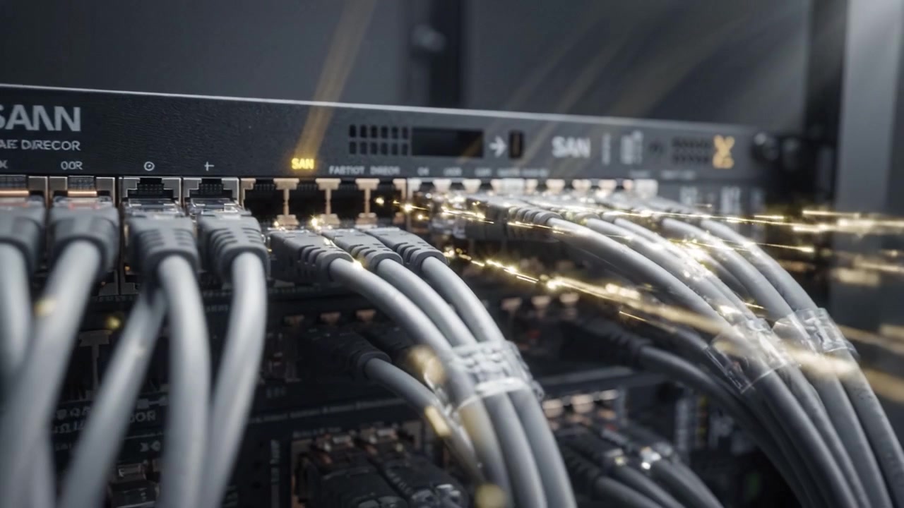 High-Tech Data Center Connectivity: Cables and Ports in a Server Rack with Sparkling Effects Highlighting Enhanced Network Performance and Capabilities
