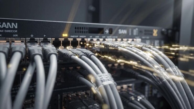 High-Tech Data Center Connectivity: Cables and Ports in a Server Rack with Sparkling Effects Highlighting Enhanced Network Performance and Capabilities